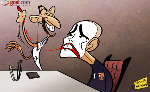 Cartoon: Valdes plays the clown (medium) by omomani tagged barcelona,clasico,di,maria,real,madrid,supercopa,de,espana,victor,valdes