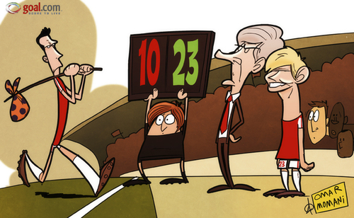 Cartoon: Wenger changes send Van Persie p (medium) by omomani tagged arsenal,arshavin,england,france,holland,netherlands,premier,league,russia,van,persie,wenger
