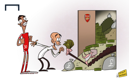 Cartoon: Wenger finally dips into Arsenal (medium) by omomani tagged arsenal,bayern,munich,guardiola,luis,gustavo,wenger