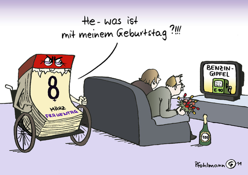 Cartoon: 100 Jahre Frauentag (medium) by Pfohlmann tagged frauentag,100,jahre,geburtstag,jubiläum,benzingipfel,sprit,benzin,e10,biosprit,brüderle,wirtschaftminister,kalender,märz,frauentag,geburtstag,jubiläum,benzingipfel,sprit,benzin,e10,biosprit,brüderle,wirtschaftminister