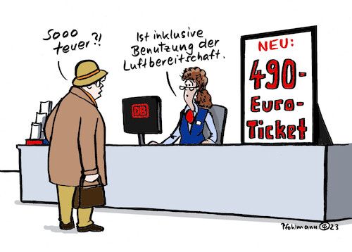 Cartoon: 490-Euro-Ticket (medium) by Pfohlmann tagged haushalt,verkehr,verkehrswende,deutschlandticket,bahn,öpnv,preiserhöhung,haushaltskrise,ampel,bundesregierung,kosten,49euroticket,flugebereitschaft,bundeswehr,militär,haushalt,verkehr,verkehrswende,deutschlandticket,bahn,öpnv,preiserhöhung,haushaltskrise,ampel,bundesregierung,kosten,49euroticket,flugebereitschaft,bundeswehr,militär