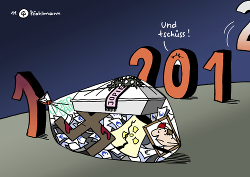 Cartoon: Abgang (medium) by Pfohlmann tagged karikatur,color,farbe,2011,jahreswechsel,2012,silvester,sylvester,abgang,loriot,heesters,jopi,jopie,johannes,nazi,rechts,rechtsextreme,hakenkreuz,mordserie,dönermorde,wetten,dass,euro,eurokrise,fukushima,supergau,gau,atomunfall,havarie,japan,zahlen,ziffern,tschüss,abschied,2011,jahreswechsel,2012,silvester,sylvester,abgang,loriot