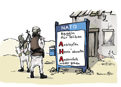 Cartoon: AHA für Taliban (medium) by Pfohlmann tagged pandemie,coronavirus,corona,aha,hygiene,hygieneregeln,abstand,taliban,afghanistan,nato,bundeswehr,militär,krieg,bürgerkrieg,islamisten,terror,soldaten,truppenabzug,pandemie,coronavirus,corona,aha,hygiene,hygieneregeln,abstand,taliban,afghanistan,nato,bundeswehr,militär,krieg,bürgerkrieg,islamisten,terror,soldaten,truppenabzug