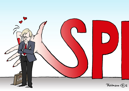 Cartoon: Anmache (medium) by Pfohlmann tagged karikatur,color,farbe,2012,deutschland,linke,bartsch,spd,anwerben,werben,umwerben,partei,wechsel,angebot,kandidat,kandidatur,linkspartei,parteitag,wahlen,vorstand,vorsitzender,parteivorsitz,parteispitze,2012,deutschland,spd