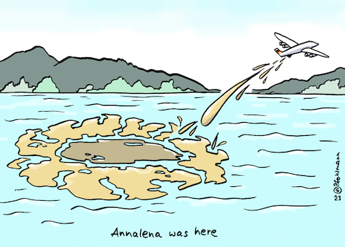 Cartoon: Annalenas Kerosin (medium) by Pfohlmann tagged annalena,baerbock,außenministerin,flug,flugzeug,flugbereitschaft,kerosin,umwelt,meer,bundeswehr,panne,südostasien,grüne,logo,sonnenblume,umweltverschmutzung,treibstoff,airbus,annalena,baerbock,außenministerin,flug,flugzeug,flugbereitschaft,kerosin,umwelt,meer,bundeswehr,panne,südostasien,grüne,logo,sonnenblume,umweltverschmutzung,treibstoff,airbus