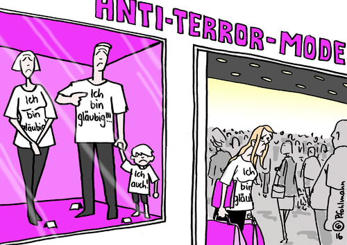 Cartoon: Antiterrormode (medium) by Pfohlmann tagged karikatur,cartoon,2016,color,deutschland,global,welt,terror,terrorismus,terroranschläge,anschläge,attentate,antiterror,mode,tshirt,shirt,aufdruckungläubige,gläubig,islamismus,fanatiker,religion,schutz,kleidung,schutzkleidung,wachsamkeit,karikatur,cartoon,2016,color,deutschland,global,welt,terror,terrorismus,terroranschläge,anschläge,attentate,antiterror,mode,tshirt,shirt,aufdruckungläubige,gläubig,islamismus,fanatiker,religion,schutz,kleidung,schutzkleidung,wachsamkeit