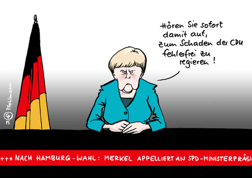 Cartoon: Appell an SPD (medium) by Pfohlmann tagged karikatur,cartoon,2015,color,farbe,deutschland,hamburg,bürgerschaft,wahl,verluste,cdu,merkel,bundeskanzlerin,appell,ansprache,warnung,fehlerfrei,regieren,regierung,wahlsieg,spd,scholz,bürgermeister,karikatur,cartoon,2015,color,farbe,deutschland,hamburg,bürgerschaft,wahl,verluste,cdu,merkel,bundeskanzlerin,appell,ansprache,warnung,fehlerfrei,regieren,regierung,wahlsieg,spd,scholz,bürgermeister