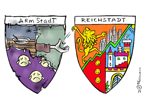 Cartoon: Armstadt (medium) by Pfohlmann tagged 2019,deutschland,kommunen,stadt,städte,gemeinden,finanzen,haushalt,gefälle,arm,reich,kluft,2019,deutschland,kommunen,stadt,städte,gemeinden,finanzen,haushalt,gefälle,arm,reich,kluft