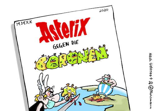 Cartoon: Asterix vs Coronen (medium) by Pfohlmann tagged 2020,global,welt,corona,virus,coronavirus,covid19,coronakrise,asterix,uderzo,tod,comic,zeichner,comiczeichner,2020,global,welt,corona,virus,coronavirus,covid19,coronakrise,asterix,uderzo,tod,comic,zeichner,comiczeichner