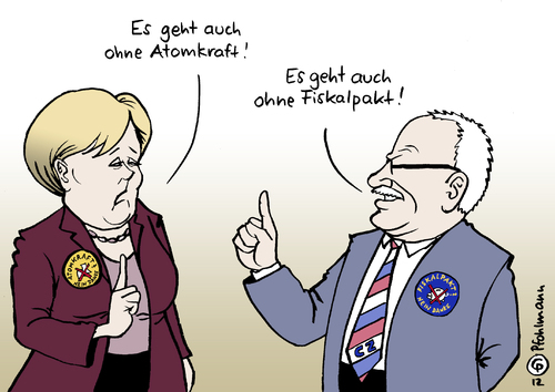 Cartoon: Auch ohne (medium) by Pfohlmann tagged karikatur,color,farbe,2012,deutschland,tschechien,merkel,bundeskanzlerin,staatsbesuch,treffen,klaus,präsident,staatspräsident,atomkraft,atomausstieg,fiskalpakt,eu,euro,eurokrise,schuldenbremse,finanzkrise,schuldenkrise,zeigefinger,belehrung,temelin,2012,deutschland,tschechien,merkel,bundeskanzlerin,staatsbesuch,treffen,klaus,atomkraft,fiskalpakt,staatspräsident