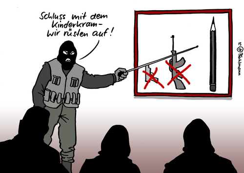 Cartoon: Aufrüstung (medium) by Pfohlmann tagged karikatur,cartoon,2015,color,farbe,global,terroristen,rüstung,aufrüstung,aufrüsten,waffen,terrorist,terrorcamp,ausbildung,frankreich,anschlag,attentat,charlie,hebdo,paris,zeichner,satire,karikaturisten,islamisten,terror,strategie,karikatur,cartoon,2015,color,farbe,global,terroristen,rüstung,aufrüstung,aufrüsten,waffen,terrorist,terrorcamp,ausbildung,frankreich,anschlag,attentat,charlie,hebdo,paris,zeichner,satire,karikaturisten,islamisten,terror,strategie