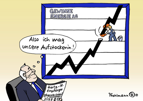 Cartoon: Aufstockerin (medium) by Pfohlmann tagged energiepolitik,atomausstieg,atomkraft,laufzeit,laufzeitverlängerung,energiekonzern,gewinn,bundeskanzlerin,merkel,hartz,iv,aufstocker,aufstockerin,energiepolitik,atomausstieg,atomkraft,laufzeit,laufzeitverlängerung,energiekonzern,gewinn,bundeskanzlerin,hartz