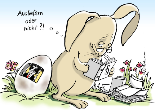 Cartoon: Ausliefern? (medium) by Pfohlmann tagged karikatur,cartoon,color,farbe,2018,global,deutschland,spanien,katalonien,puigdemont,untersuchungshaft,ostern,osterhase,ei,faules,gefängnis,haft,ausliefern,auslieferungsantrag,haftbefehl,recht,klärung,amtsgericht,osterei,gesetze,karikatur,cartoon,color,farbe,2018,global,deutschland,spanien,katalonien,puigdemont,untersuchungshaft,ostern,osterhase,ei,faules,gefängnis,haft,ausliefern,auslieferungsantrag,haftbefehl,recht,klärung,amtsgericht,osterei,gesetze