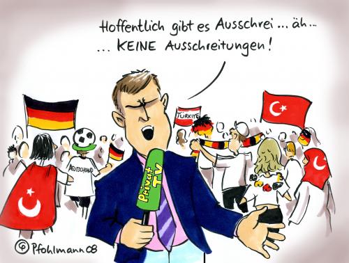 Cartoon: Ausschreitungen (medium) by Pfohlmann tagged euro,2008,em,fußball,halbfinale,türkei,deutschland,privatsender,tv,fernsehen,fan,euro2008,em,europameisterschaft,meisterschaft,fußball,halbfinale,türkei,deutschland,privatsender,tv,fernsehen,nachrichten,presse,reporter,nationalität,berichterstattung,fans,ausschreitungen,übergriffe,gewalttätigkeit,kampf,gewalt,krawalle,konkurrenz,fahne,flagge,europa,stadt,anheizen,spannung