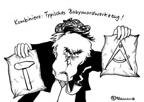 Cartoon: Babymordwerkzeug (medium) by Pfohlmann tagged böhmer,ddr,babymord,,wolfgang,böhmer,cdu,ministerpräsident,politiker,sachsen,kindstötung,kinder,ostdeutschland,töten,tötung,eltern,mütter,familie,äußerung,mordwerkeug,mord,werkzeug,nachwuchs,sterben,hammer,zirkel,flagge,staatswappen,wappen,staat,osten,babymord,vorwürfe,umstritten,mann,pfeiffe,rauchen,grimmig,kombination,sherlock,holmes,detektiv,zusammenhänge,untersuchen,spürnase