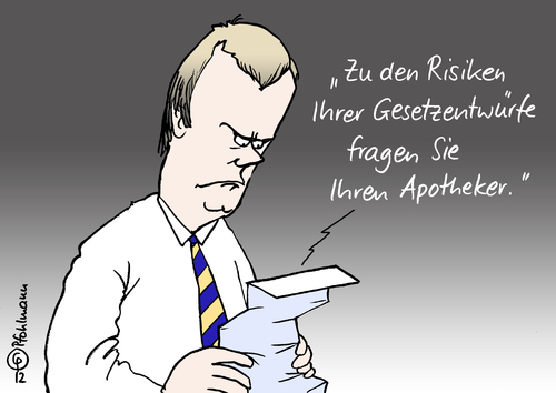 Cartoon: Beipackzettel (medium) by Pfohlmann tagged karikatur,cartoon,color,farbe,2012,deutschland,gesundheitsminister,bahr,fdp,spionage,lobby,apotheker,gesetzentwurf,gesundheitsministerium,karikatur,cartoon,color,farbe,2012,deutschland,gesundheitsminister,bahr,fdp,spionage,lobby,apotheker,gesetzentwurf,gesundheitsministerium