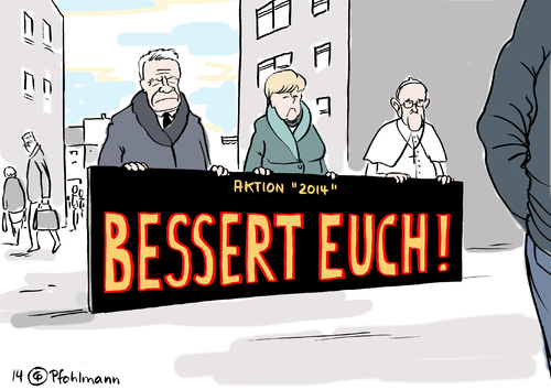 Cartoon: Bessert Euch! (medium) by Pfohlmann tagged karikatur,cartoon,color,farbe,2014,deutschland,jahreswechsel,ansprachen,weihnachtsansprache,neujahrsansprache,neujahr,bessert,euch,gauck,bundespräsident,merkel,bundeskanzlerin,papst,franziskus,vorsatz,vorsätze,besserung,bevölkerung,bürger,karikatur,cartoon,color,farbe,2014,deutschland,jahreswechsel,ansprachen,weihnachtsansprache,neujahrsansprache,neujahr,bessert,euch,gauck,bundespräsident,merkel,bundeskanzlerin,papst,franziskus,vorsatz,vorsätze,besserung,bevölkerung,bürger