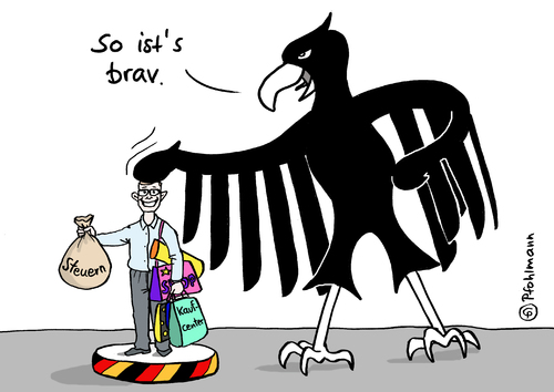 Cartoon: Bravbürger (medium) by Pfohlmann tagged karikatur,cartoon,color,farbe,2014,deutschland,konsum,steuerehrlichkeit,steuern,steuerzahler,konsument,kauflaune,bundesadler,brav,bürger,bürgerpflicht,lob,karikatur,cartoon,color,farbe,2014,deutschland,konsum,steuerehrlichkeit,steuern,steuerzahler,konsument,kauflaune,bundesadler,brav,bürger,bürgerpflicht,lob