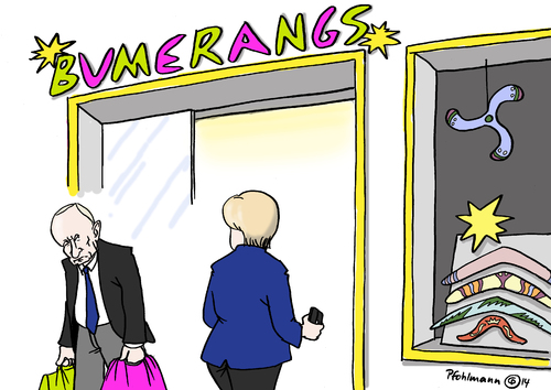 Cartoon: Bumerangladen (medium) by Pfohlmann tagged karikatur,cartoon,color,farbe,2014,ukraine,krim,krimkrise,russland,putin,bumerang,bumerangladen,sanktionen,annektierung,eu,krise,einmarsch,konflikt,merkel,bundeskanzlerin,karikatur,cartoon,color,farbe,2014,ukraine,krim,krimkrise,russland,putin,bumerang,bumerangladen,sanktionen,annektierung,eu,krise,einmarsch,konflikt,merkel,bundeskanzlerin