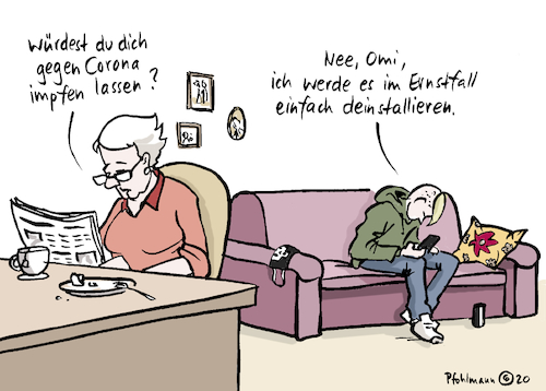 Cartoon: Corona deinstallieren (medium) by Pfohlmann tagged 2020,corona,coronavirus,pandemie,app,coronaapp,handy,smartphone,deinstallieren,digitalisierung,digital,native,bildung,impfen,impfung,covid19,generationen,2020,corona,coronavirus,pandemie,app,coronaapp,handy,smartphone,deinstallieren,digitalisierung,digital,native,bildung,impfen,impfung,covid19,generationen