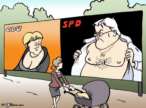 Cartoon: Dekoltee-Plakate (medium) by Pfohlmann tagged bundestagswahl,wahlkampf,plakat,plakate,plakatwand,merkel,steinmeier,kanzlerin,bundeskanzlerin,kanzlerkandidat,cdu,spd,dekoltee,ausschnitt,brust,busen,bundestagswahl,wahlkampf,plakat,wahl,wahlen,plakate,plakatwand,angela merkel,frank walter steinmeier,kanzlerin,bundeskanzlerin,kanzlerkandidat,bundeskanzler,2009,konkurrenz,werbung,promotion,wahlkampagne,angela,merkel,frank,walter,steinmeier