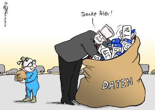 Cartoon: der Datensack (medium) by Pfohlmann tagged karikatur,cartoon,2017,color,farbe,deutschland,maut,autobahnmaut,infrastrukturabgabe,alexander,dobrindt,alex,de,maiziere,innenminister,verkehrsminister,daten,überwachung,verkehrsdaten,elektronische,erfassung,einnahmen,datenschutz,autofahrer,gesetz,große,koalition,verabschiedung,karikatur,cartoon,2017,color,farbe,deutschland,maut,autobahnmaut,infrastrukturabgabe,alexander,dobrindt,alex,de,maiziere,innenminister,verkehrsminister,daten,überwachung,verkehrsdaten,elektronische,erfassung,einnahmen,datenschutz,autofahrer,gesetz,große,koalition,verabschiedung