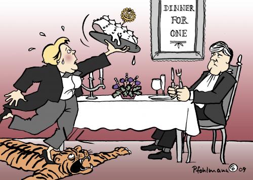 Cartoon: Dinner For One (medium) by Pfohlmann tagged bundeskanzlerin,angela,merkel,cdu,dinner,abendessen,empfang,josef,ackermann,deutsche,bank,bundeskanzlerin,angela merkel,cdu,dinner,abendessen,empfang,josef ackermann,ackermann,deutsche bank,dinner for one,angela,merkel,josef,deutsche,bank,for,one