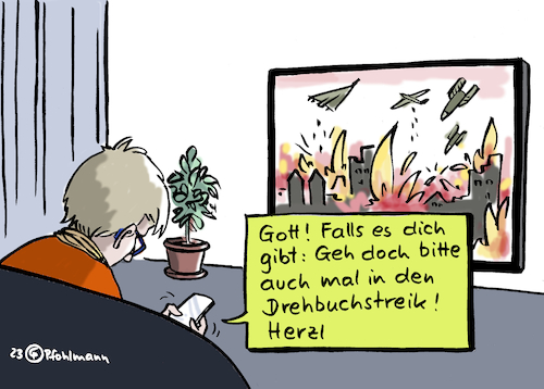 Cartoon: Drehbuchstreik (medium) by Pfohlmann tagged drehbuch,drehbuchautoren,streik,hollywood,film,kino,netflix,streaming,amazon,disney,honorar,bezahlung,ausbeutung,realität,krieg,ukraine,sudan,russland,tv,fernsehen,nachrichten,chat,gott,streamingdienste,drehbuch,drehbuchautoren,streik,hollywood,film,kino,netflix,streaming,amazon,disney,honorar,bezahlung,ausbeutung,realität,krieg,ukraine,sudan,russland,tv,fernsehen,nachrichten,chat,gott,streamingdienste