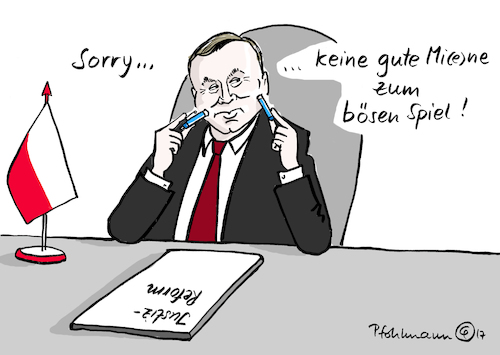 Cartoon: Dudas Mi-e-ne (medium) by Pfohlmann tagged karikatur,cartoon,color,farbe,2017,polen,justizreform,duda,präsident,veto,unterschrift,kugelschreiber,kuli,mine,miene,gute,zum,bösen,spiel,gesetz,rechtsstaat,gewaltenteilung,demokratie,abschaffung,pis,regierung,proteste,opposition,weigerung,karikatur,cartoon,color,farbe,2017,polen,justizreform,duda,präsident,veto,unterschrift,kugelschreiber,kuli,mine,miene,gute,zum,bösen,spiel,gesetz,rechtsstaat,gewaltenteilung,demokratie,abschaffung,pis,regierung,proteste,opposition,weigerung