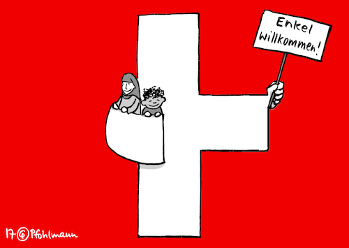 Cartoon: Enkel willkommen (medium) by Pfohlmann tagged karikatur,cartoon,2017,color,farbe,schweiz,volksabstimmung,einwanderer,immigration,migranten,enkel,generation,dritte,willkommen,einbürgerung,pass,schweizer,staatsbürgerschaft,flagge,kreuz,fahne,karikatur,cartoon,2017,color,farbe,schweiz,volksabstimmung,einwanderer,immigration,migranten,enkel,generation,dritte,willkommen,einbürgerung,pass,schweizer,staatsbürgerschaft,flagge,kreuz,fahne