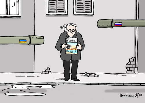 Cartoon: Entspannet! (medium) by Pfohlmann tagged karikatur,cartoon,color,farbe,2014,ukraine,russland,eu,krise,einmarsch,konflikt,militär,steinmeier,außenminister,entspannet,deeskalation,frieden,deeskalieren,gespräche,gespräch,dialog,wachturm,panzer,vermittlung,karikatur,cartoon,color,farbe,2014,ukraine,russland,eu,krise,einmarsch,konflikt,militär,steinmeier,außenminister,entspannet,deeskalation,frieden,deeskalieren,gespräche,gespräch,dialog,wachturm,panzer,vermittlung