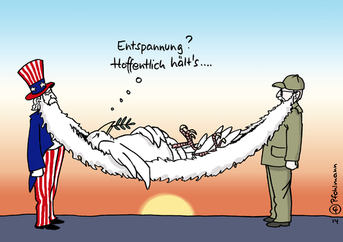 Cartoon: Entspannungsmatte (medium) by Pfohlmann tagged karikatur,cartoon,2014,color,farbe,usa,kuba,uncle,onkel,sam,castro,raul,bart,fidel,entspannung,frieden,friedenstaube,hängematte,sonnenuntergang,annäherung,aufhebung,blockade,embargo,karikatur,cartoon,2014,color,farbe,usa,kuba,uncle,onkel,sam,castro,raul,bart,fidel,entspannung,frieden,friedenstaube,hängematte,sonnenuntergang,annäherung,aufhebung,blockade,embargo