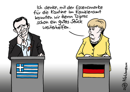 Cartoon: Essensmarke (medium) by Pfohlmann tagged karikatur,cartoon,2015,color,farbe,deutschland,griechenland,tsipras,besuch,ministerpräsident,bundeskanzlerin,merkel,kantine,kanzleramt,abendessen,essen,essensmarke,hilfe,bedürftigkeit,bedürftig,schuldenkrise,reformen,eu,europa,schuldenberg,schulden,pressekonferenz,karikatur,cartoon,2015,color,farbe,deutschland,griechenland,tsipras,besuch,ministerpräsident,bundeskanzlerin,merkel,kantine,kanzleramt,abendessen,essen,essensmarke,hilfe,bedürftigkeit,bedürftig,schuldenkrise,reformen,eu,europa,schuldenberg,schulden,pressekonferenz