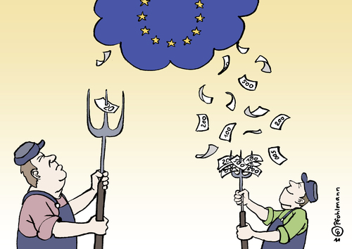 Cartoon: EU Agrarreform (medium) by Pfohlmann tagged karikatur,color,farbe,2011,europa,agrarreform,eu,subvention,subventionen,agrarsubventionen,bauer,landwirt,mistgabel,geld,geldschein,banknote,regen,wolke,sterne,landwirtschaft,umschichtung,europa,agrarreform,eu,subvention,subventionen,agrarsubventionen,bauer,mistgabel,geldschein,banknote