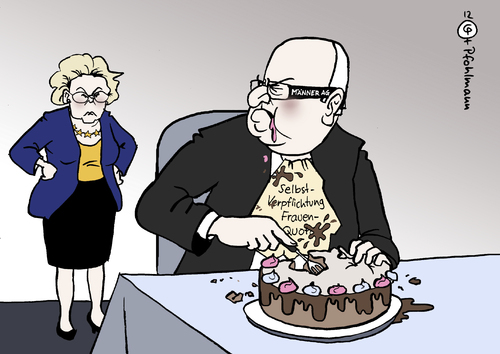 Cartoon: EU Frauenquote (medium) by Pfohlmann tagged frauenanteil,selbstverpflichtung,gleichberechtigung,führungspositionen,frauenquote,eu,2012,farbe,color,karikatur,führungsetage,vorstand,vorstände,unternehmen,wirtschaft,torte,kuchen,männer,frauen,reding,justizkommissarin,2012,eu,frauenquote,führungspositionen,gleichberechtigung,selbstverpflichtung,frauenanteil,führungsetage,vorstand,frauen,arbeit,job