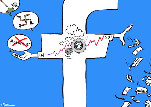 Cartoon: Facebook-Mechanismus (medium) by Pfohlmann tagged karikatur,cartoon,color,farbe,2018,welt,global,usa,facebook,internet,soziale,medien,algorithmus,holocaust,holocaustleugner,leugner,antisemitismus,hass,hetze,hakenkreuz,holocaustleugnung,straftat,nazis,neonazis,rechte,rechtsextreme,filterblase,geschäftsmodell,umsatz,gewinn,profit,mechanismus,maschinerie,emotionen,klicks,likes,karikatur,cartoon,color,farbe,2018,welt,global,usa,facebook,internet,soziale,medien,algorithmus,holocaust,holocaustleugner,leugner,antisemitismus,hass,hetze,hakenkreuz,holocaustleugnung,straftat,nazis,neonazis,rechte,rechtsextreme,filterblase,geschäftsmodell,umsatz,gewinn,profit,mechanismus,maschinerie,emotionen,klicks,likes