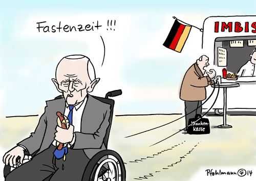 Cartoon: Fastenzeit (medium) by Pfohlmann tagged karikatur,cartoon,color,farbe,2014,deutschland,schäuble,sparen,krankenkassen,haushalt,ausgeglichen,finanzminister,haushaltspolitik,fastenzeit,aschermittwoch,wurst,imbiss,bratwurst,zuschuss,staatszuschuss,kürzung,karikatur,cartoon,color,farbe,2014,deutschland,schäuble,sparen,krankenkassen,haushalt,ausgeglichen,finanzminister,haushaltspolitik,fastenzeit,aschermittwoch,wurst,imbiss,bratwurst,zuschuss,staatszuschuss,kürzung