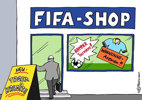 Cartoon: FIFA-Shop (medium) by Pfohlmann tagged karikatur,cartoon,2015,color,farbe,international,global,fifa,wm,korruption,ermittlungen,fußball,verband,weltverband,weltmeisterschaft,verhaftungen,bestechung,vergabe,blatter,turniere,schmiergelder,arenen,stadien,kredit,irland,trost,handspiel,karikatur,cartoon,2015,color,farbe,international,global,fifa,wm,korruption,ermittlungen,fußball,verband,weltverband,weltmeisterschaft,verhaftungen,bestechung,vergabe,blatter,turniere,schmiergelder,arenen,stadien,kredit,irland,trost,handspiel