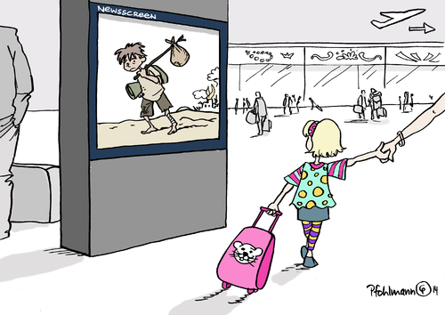 Cartoon: Fluchtkinder (medium) by Pfohlmann tagged karikatur,cartoon,color,farbe,2014,welt,global,flucht,flüchtlinge,minderjährige,minderjährig,kinder,jugendliche,hälfte,flughafen,kind,koffer,krisengebiete,krieg,karikatur,cartoon,color,farbe,2014,welt,global,flucht,flüchtlinge,minderjährige,minderjährig,kinder,jugendliche,hälfte,flughafen,kind,koffer,krisengebiete,krieg