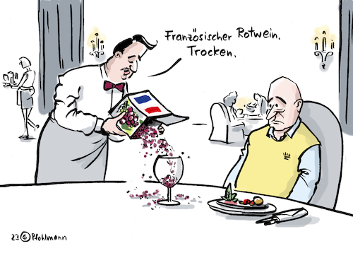 Cartoon: Frankreich Trockenheit (medium) by Pfohlmann tagged frankreich,klima,wetter,dürre,trockenheit,wasser,wassermangel,wein,rotwein,trocken,lokal,restaurant,weinbau,winzer,kellner,klimakrise,erderhitzung,hitze,frankreich,klima,wetter,dürre,trockenheit,wasser,wassermangel,wein,rotwein,trocken,lokal,restaurant,weinbau,winzer,kellner,klimakrise,erderhitzung,hitze