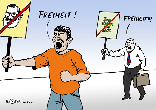 Cartoon: Freiheit! (medium) by Pfohlmann tagged karikatur,cartoon,color,farbe,2013,ägypten,deutschland,proteste,mursi,demonstration,opposition,ökostrom,energiewende,umlage,ökostromumlage,ausnahme,antrag,anträge,firmen,unternehmen,ausnahmen,freiheit,karikatur,cartoon,color,farbe,2013,ägypten,deutschland,proteste,mursi,demonstration,opposition,ökostrom,energiewende,umlage,ökostromumlage,ausnahme,antrag,anträge,firmen,unternehmen,ausnahmen,freiheit