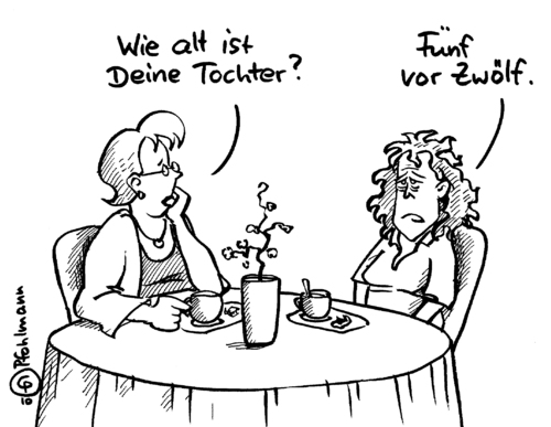 Cartoon: Fünf vor Zwölf (medium) by Pfohlmann tagged pubertät,jugend,tochter,kind,kinder,familie,eltern,alter,zwölf,fünf,vor,pubertät,jugend,tochter,kind,kinder,alter,eltern