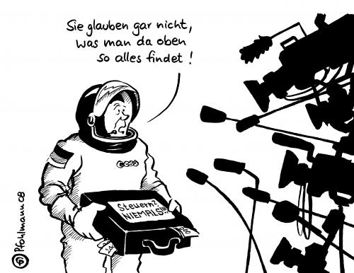 Cartoon: Fund im All (medium) by Pfohlmann tagged schlegel,weltraum,liechtenstein,steuerhinterziehung,,presse,kameras,interview,medien,astronaut,weltall,universum,weltraum,steuer,steuerhinterziehung,geld,betruf,verbrechen,kriminalität,raumfahrt,finden,gefunden,schatz,entdeckung,entdecken,koffer,zahlen,abgaben,all,liechtenstein,hans,schlegel,wissenschaftler,wissenschaft,versteck,versteckt,skandal,steuern