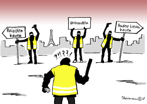 Cartoon: Gelbe Ordner (medium) by Pfohlmann tagged karikatur,cartoon,farbe,color,2018,frankreich,ausschreitungen,gilets,jaunes,gelbe,westen,ordner,polizei,gewalt,proteste,ökosteuer,benzinpreis,spritpreis,macron,widerstand,verhandeln,paris,karikatur,cartoon,farbe,color,2018,frankreich,ausschreitungen,gilets,jaunes,gelbe,westen,ordner,polizei,gewalt,proteste,ökosteuer,benzinpreis,spritpreis,macron,widerstand,verhandeln,paris