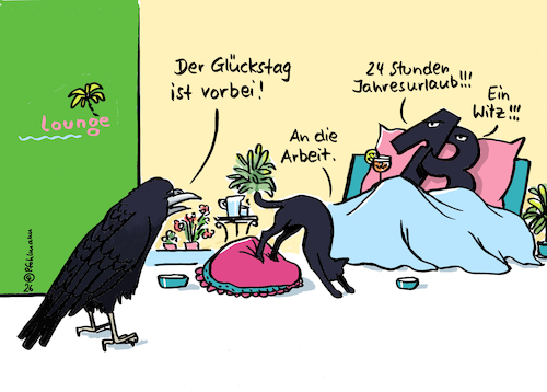 Cartoon: Glückstag vorbei (medium) by Pfohlmann tagged glückstag,pech,pechvogel,katze,13,unglück,jahresurlaub,unglücksrabe,glückstag,pech,pechvogel,katze,13,unglück,jahresurlaub,unglücksrabe