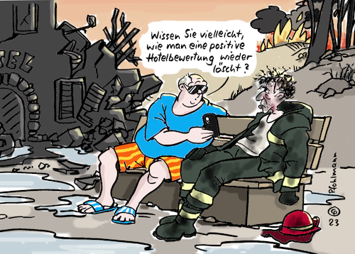 Cartoon: Griechenland löschen (medium) by Pfohlmann tagged griechenland,brand,brände,feuer,waldbrand,tourismus,tourist,hotel,bewertung,hotelbewertung,konsum,feuerwehr,löschen,internet,handy,smartphone,dürre,trockenheit,hitze,naturkatastrophe,klimakrise,klimawandel,klima,wetter,wetterextrem,griechenland,brand,brände,feuer,waldbrand,tourismus,tourist,hotel,bewertung,hotelbewertung,konsum,feuerwehr,löschen,internet,handy,smartphone,dürre,trockenheit,hitze,naturkatastrophe,klimakrise,klimawandel,klima,wetter,wetterextrem