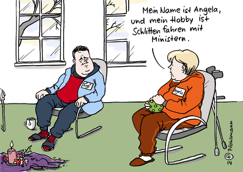 Cartoon: GroKo-Kennenlernen (medium) by Pfohlmann tagged karikatur,cartoon,color,farbe,2014,deutschland,groko,große,koalition,klausurschloss,meseberg,klausurtagung,regierung,kennenlernen,merkel,bundeskanzlerin,gabriel,vizekanzler,wirtschaftsminister,spd,union,cdu,csu,runde,treffen,gruppe,name,hobby,schlitten,fahren,minister,karikatur,cartoon,color,farbe,2014,deutschland,groko,große,koalition,klausurschloss,meseberg,klausurtagung,regierung,kennenlernen,merkel,bundeskanzlerin,gabriel,vizekanzler,wirtschaftsminister,spd,union,cdu,csu,runde,treffen,gruppe,name,hobby,schlitten,fahren,minister