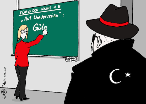 Cartoon: Güle Gülen (medium) by Pfohlmann tagged karikatur,cartoon,2017,color,farbe,deutschland,türkei,beziehungen,truppe,standort,incirlik,besuch,parlamentarier,verbot,krise,gülen,gülenbewegung,putsch,putschversuch,geheimdienst,putschisten,kurs,lehrerin,sprache,türkisch,auf,wiedersehen,güle,sprachkurs,verhaftungen,säuberungen,bundeswehr,karikatur,cartoon,2017,color,farbe,deutschland,türkei,beziehungen,truppe,standort,incirlik,besuch,parlamentarier,verbot,krise,gülen,gülenbewegung,putsch,putschversuch,geheimdienst,putschisten,kurs,lehrerin,sprache,türkisch,auf,wiedersehen,güle,sprachkurs,verhaftungen,säuberungen,bundeswehr