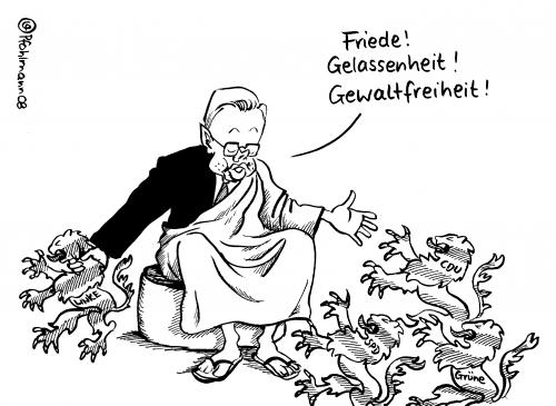 Cartoon: Hab die FDP vergessen. Egal. (medium) by Pfohlmann tagged hessen,koch,wahlen,dalai,lama,,roland,koch,hessen,politiker,cdu,wahlen,dalai,lama,mönch,frieden,gelassenheit,gewalt,parteien,sitzen,löwen,linke,spd,grüne,roland koch,dalai lama