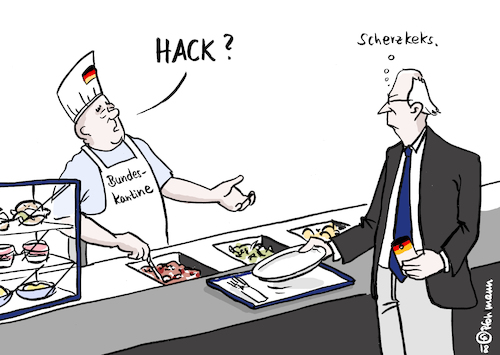 Cartoon: Hack? (medium) by Pfohlmann tagged karikatur,cartoon,color,farbe,2018,deutschland,hacker,bundesregierung,pc,hackerangriff,cyberangriff,regierung,computer,netz,netzwerk,kantine,mittagessen,essen,koch,scherzkeks,hack,hackfleisch,rechner,hackergruppe,cyberwar,karikatur,cartoon,color,farbe,2018,deutschland,hacker,bundesregierung,pc,hackerangriff,cyberangriff,regierung,computer,netz,netzwerk,kantine,mittagessen,essen,koch,scherzkeks,hack,hackfleisch,rechner,hackergruppe,cyberwar
